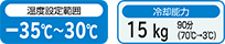 温度設定範囲：-35℃～30℃、冷却能力：15kg 90分（70℃→3℃）