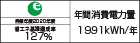 【省エネラベル】目標年度2020年度　省エネ基準達成率127%　年間消費電力量1991kWh/年