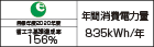 【省エネラベル】目標年度2020年度　省エネ基準達成率156%　年間消費電力量835kWh/年