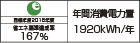 【省エネラベル】目標年度2016年度　省エネ基準達成率167％　年間消費電力量1920kWh/年