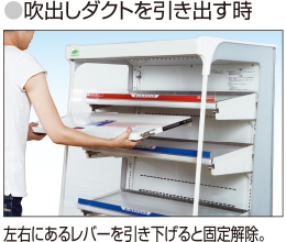 吹き出しダクトを引き出す時、左右のあるレバーを引き下げると固定解除